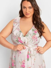 Yours Curve White London Floral Sleeveless Double Ruffle Wrap Dress - Image 4 of 4