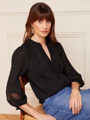 Love & Roses Black Petite Ruffle Neck Lace Trim Tie Cuff 3/4 Sleeve Dobby Spot Blouse - Image 1 of 4