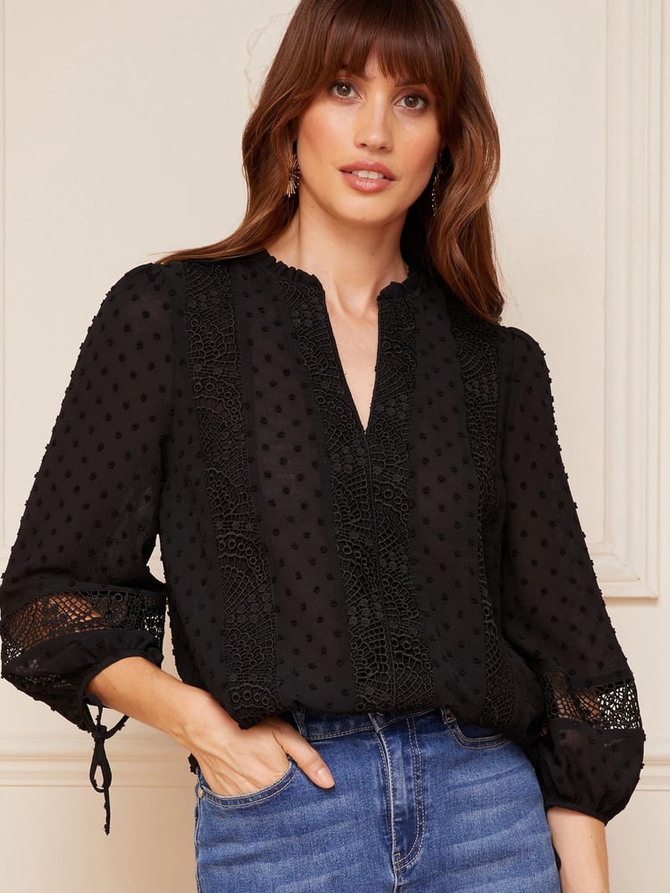 Love & Roses Black Petite Ruffle Neck Lace Trim Tie Cuff 3/4 Sleeve Dobby Spot Blouse - Image 2 of 4