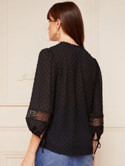 Love & Roses Black Petite Ruffle Neck Lace Trim Tie Cuff 3/4 Sleeve Dobby Spot Blouse - Image 3 of 4