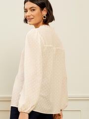 Love & Roses Ivory White Petite V Neck Lace Long Sleeve Lace Trim Dobby Spot Blouse - Image 2 of 4