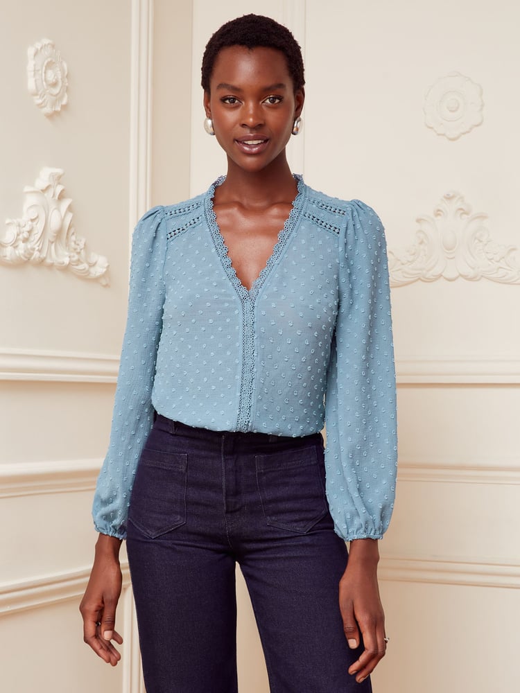 Love & Roses Blue V Neck Lace Long Sleeve Lace Trim Dobby Spot Blouse - Image 1 of 3 Love & Roses Blue V Neck Lace Long Sleeve Lace Trim Dobby Spot Blouse - Image 1 of 3