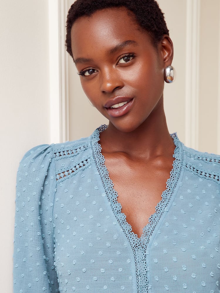 Love & Roses Blue V Neck Lace Long Sleeve Lace Trim Dobby Spot Blouse - Image 2 of 3 Love & Roses Blue V Neck Lace Long Sleeve Lace Trim Dobby Spot Blouse - Image 2 of 3