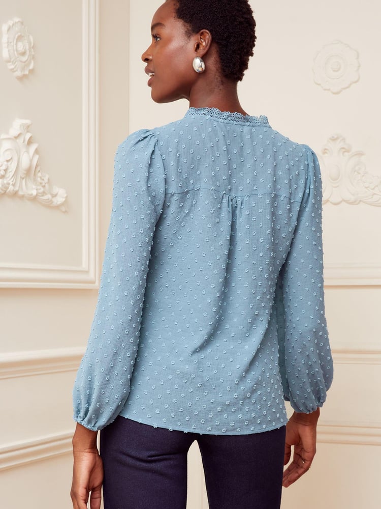 Love & Roses Blue V Neck Lace Long Sleeve Lace Trim Dobby Spot Blouse - Image 3 of 3 Love & Roses Blue V Neck Lace Long Sleeve Lace Trim Dobby Spot Blouse - Image 3 of 3
