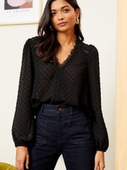 Love & Roses Black V Neck Lace Long Sleeve Lace Trim Dobby Spot Blouse - Image 1 of 4