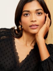 Love & Roses Black V Neck Lace Long Sleeve Lace Trim Dobby Spot Blouse - Image 2 of 4