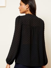 Love & Roses Black V Neck Lace Long Sleeve Lace Trim Dobby Spot Blouse - Image 3 of 4