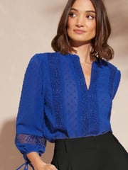Love & Roses Cobalt Blue Ruffle Neck Lace Trim Tie Cuff 3/4 Sleeve Dobby Spot Blouse - Image 1 of 4
