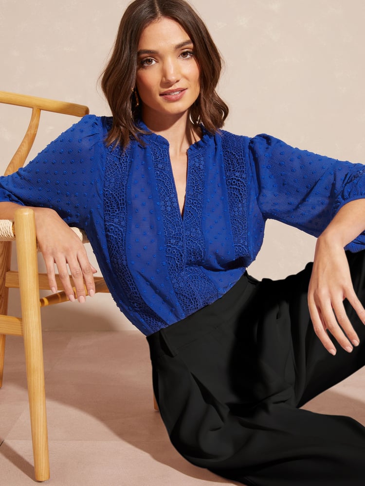 Love & Roses Cobalt Blue Ruffle Neck Lace Trim Tie Cuff 3/4 Sleeve Dobby Spot Blouse - Image 2 of 4 Love & Roses Cobalt Blue Ruffle Neck Lace Trim Tie Cuff 3/4 Sleeve Dobby Spot Blouse - Image 2 of 4