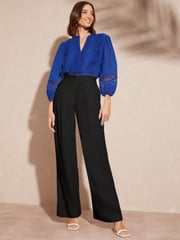 Love & Roses Cobalt Blue Ruffle Neck Lace Trim Tie Cuff 3/4 Sleeve Dobby Spot Blouse - Image 4 of 4
