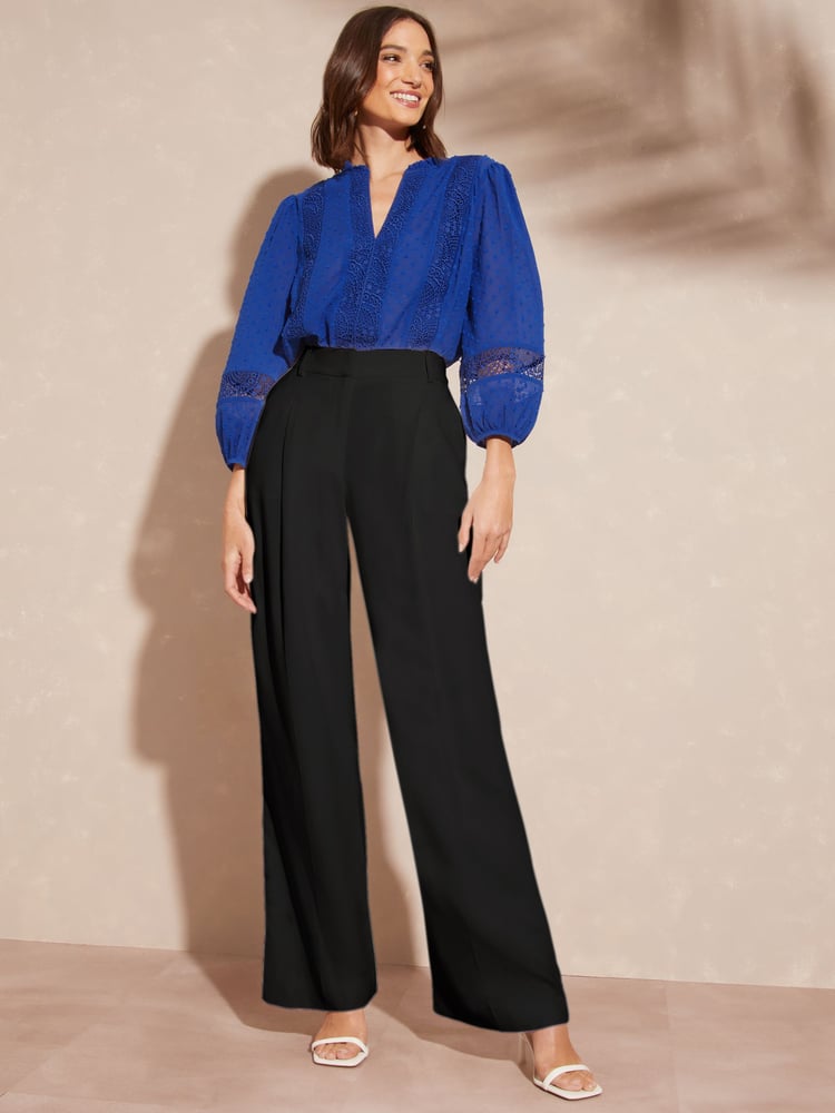 Love & Roses Cobalt Blue Ruffle Neck Lace Trim Tie Cuff 3/4 Sleeve Dobby Spot Blouse - Image 4 of 4