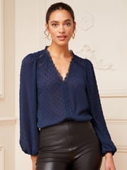 Love & Roses Navy V Neck Lace Long Sleeve Lace Trim Dobby Spot Blouse - Image 1 of 4