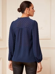 Love & Roses Navy V Neck Lace Long Sleeve Lace Trim Dobby Spot Blouse - Image 2 of 4