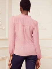 Love & Roses Pink V Neck Lace Long Sleeve Lace Trim Dobby Spot Blouse - Image 3 of 3