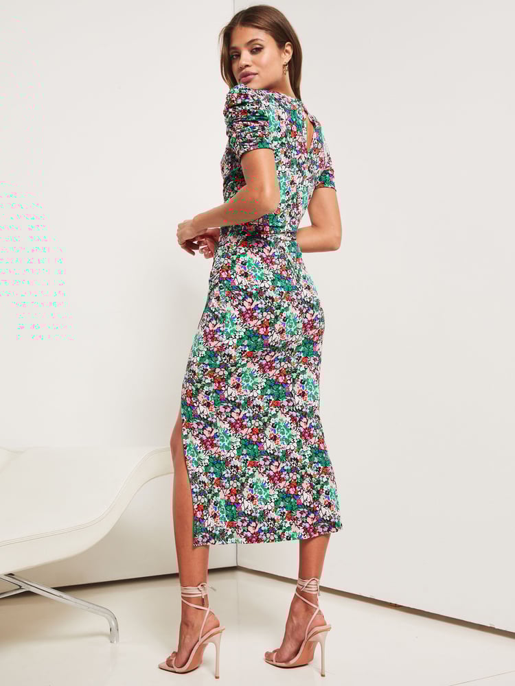 Lipsy Ditsy Jersey Short Sleeve Ruched Split Midi Dress - Image 2 of 4 Lipsy Ditsy Jersey Short Sleeve Ruched Split Midi Dress - Image 2 of 4