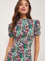 Lipsy Ditsy Jersey Short Sleeve Ruched Split Midi Dress - Image 4 of 4
