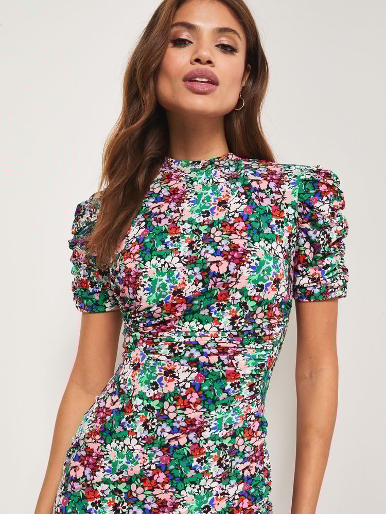 Lipsy Ditsy Jersey Short Sleeve Ruched Split Midi Dress - Image 4 of 4