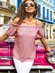 Sosandar Pink Sequin Bardot Short Sleeve Top - Image 1 of 6