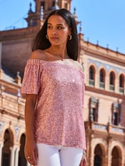 Sosandar Pink Sequin Bardot Short Sleeve Top - Image 3 of 6