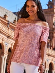 Sosandar Pink Sequin Bardot Short Sleeve Top - Image 5 of 6