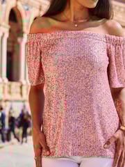 Sosandar Pink Sequin Bardot Short Sleeve Top - Image 6 of 6