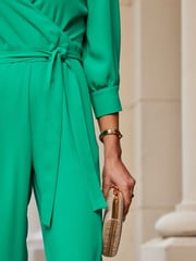 Sosandar Green Tailored Tie Waist Formal Jumpsuit - Image 5 of 6