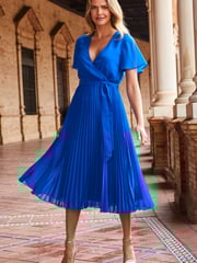 Sosandar Blue Pleated Skirt Chiffon Dress - Image 3 of 6