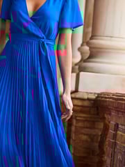 Sosandar Blue Pleated Skirt Chiffon Dress - Image 5 of 6
