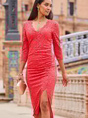 Sosandar Red Lace V Neck Split Hem Midi Dress - Image 1 of 6