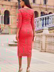 Sosandar Red Lace V Neck Split Hem Midi Dress - Image 4 of 6