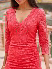 Sosandar Red Lace V Neck Split Hem Midi Dress - Image 6 of 6