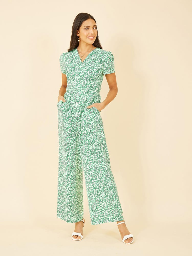 Yumi Green Multi Ditsy Floral Wrap Jumpsuit - Image 1 of 5