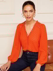 Love & Roses Orange Petite V Neck Lace Long Sleeve Lace Trim Dobby Spot Blouse - Image 1 of 4