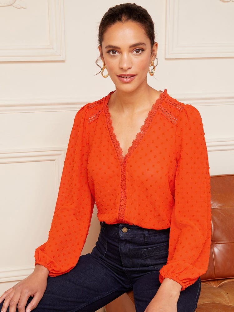 Love & Roses Orange Petite V Neck Lace Long Sleeve Lace Trim Dobby Spot Blouse - Image 1 of 4