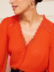 Love & Roses Orange Petite V Neck Lace Long Sleeve Lace Trim Dobby Spot Blouse - Image 2 of 4