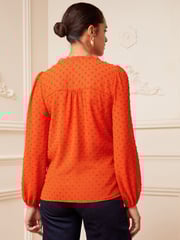 Love & Roses Orange Petite V Neck Lace Long Sleeve Lace Trim Dobby Spot Blouse - Image 3 of 4