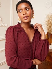 Love & Roses Red V Neck Lace Long Sleeve Lace Trim Dobby Spot Blouse - Image 2 of 4