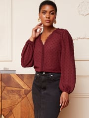 Love & Roses Red V Neck Lace Long Sleeve Lace Trim Dobby Spot Blouse - Image 4 of 4