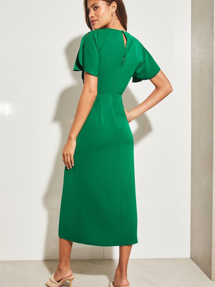 Lipsy Forest Green Ruched Button Front Sleeved Midi Dress - Image 2 of 4
