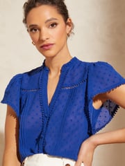 Love & Roses Cobalt Blue Petite Dobby Spot Ruffle V Neck Flutter Sleeve Blouse - Image 1 of 4