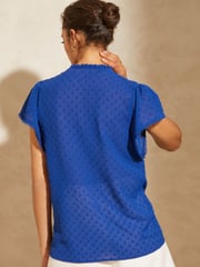 Love & Roses Cobalt Blue Petite Dobby Spot Ruffle V Neck Flutter Sleeve Blouse - Image 3 of 4