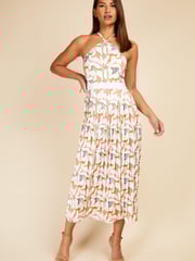 Little Mistress White Multi Print Halter Neck Pleat Midaxi Dress - Image 1 of 4