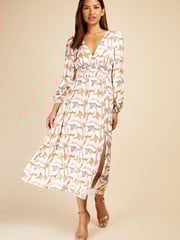 Little Mistress White Multi Long Sleeved V Neck Midaxi Dress - Image 1 of 4