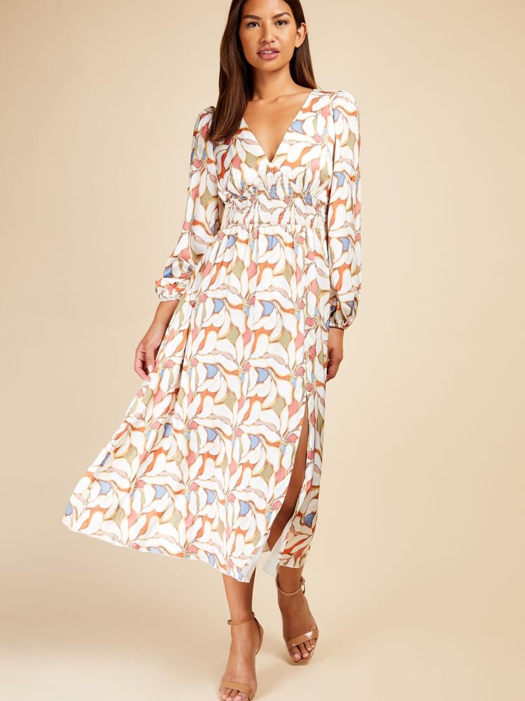 Little Mistress White Multi Long Sleeved V Neck Midaxi Dress - Image 1 of 4