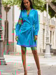 Sosandar Blue Satin Jaquard Wrap Dress - Image 1 of 6