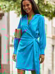 Sosandar Blue Satin Jaquard Wrap Dress - Image 4 of 6