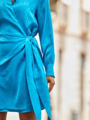 Sosandar Blue Satin Jaquard Wrap Dress - Image 5 of 6