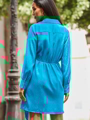 Sosandar Blue Satin Jaquard Wrap Dress - Image 6 of 6