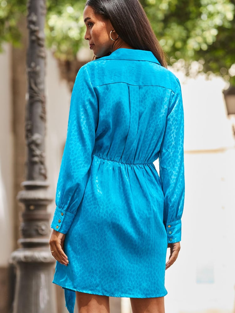Sosandar Blue Satin Jaquard Wrap Dress - Image 6 of 6