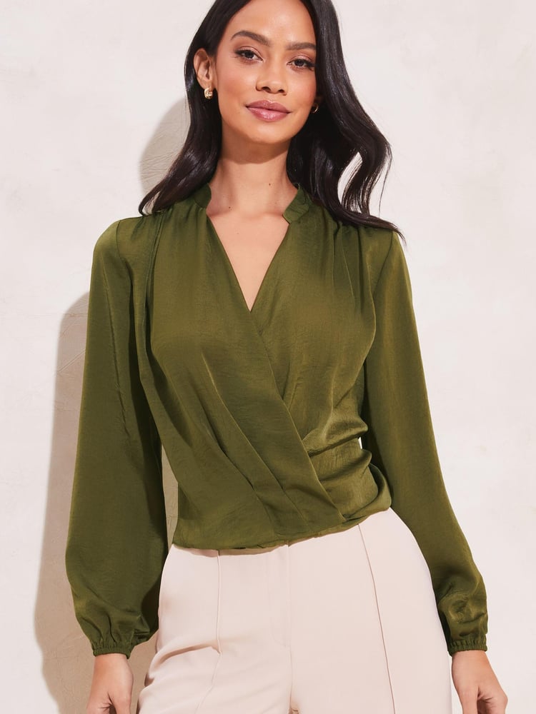 Lipsy Green Geometric Grandad Collar Long Sleeve Wrap Blouse - Image 1 of 4